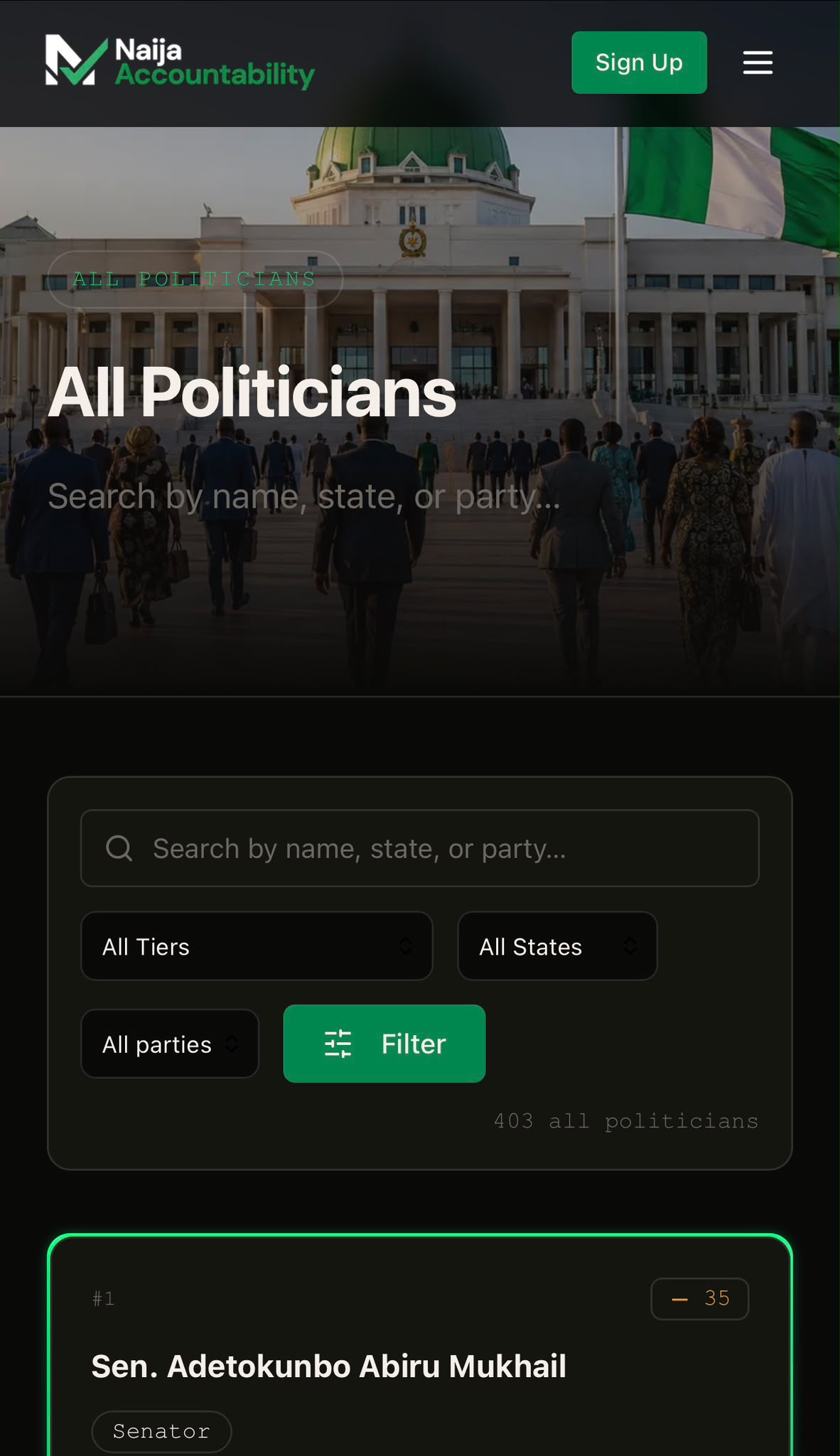 The politicians directory on mobile, with search and filters above single-column official cards